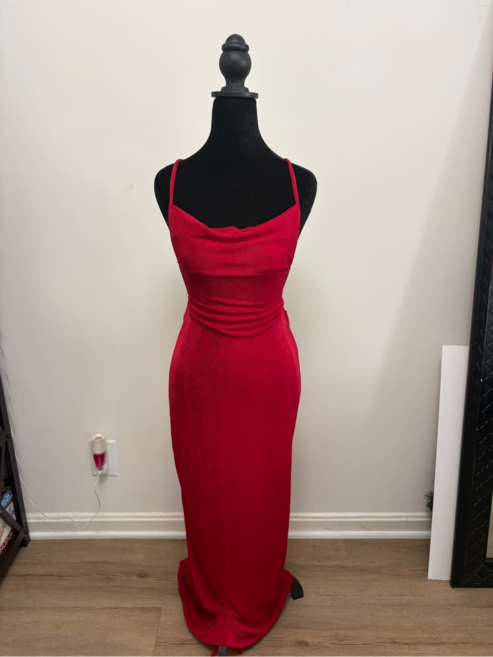 Red Cowl Neck Spaghetti Strap Maxi Dress